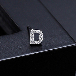 Letter D Boucles d'oreilles à tige en laiton platine avec micro pavé de zircones cubiques, Lettre initiale, lettre d, pas de taille