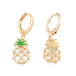 Real 18K Gold Plated Clear Cubic Zirconia Pineapple Dangle Leverback Earrings with Enamel, Brass Jewelry for Women, Cadmium Free & Nickel Free & Lead Free, Real 18K Gold Plated, 27mm, Pin: 1mm