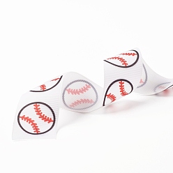 White Single Face Baseball Printed Polyester Grosgrain Ribbons, White, 1 inch(25mm), 03mm