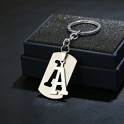 Letter A 201 porte-clés en acier inoxydable, porte-clés étiquette de chien, avec porte-clés en fer plaqué platine, rectangle avec lettre fractionnée, letter.a, 10.5 cm