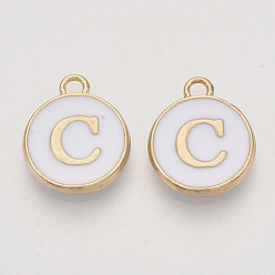 Letter C Golden Plated Enamel Alloy Charms, Enamelled Sequins, Flat Round, White, Letter.C, 14x12x2mm, Hole: 1.5mm, 100pcs/Box