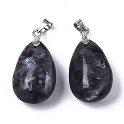 Labradorite Natural Larvikite Pendants, with Stainless Steel Pinch Bails, Teardrop, Stainless Steel Color, 24x15x9~10mm, Hole: 5x4mm