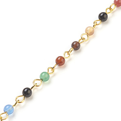 Golden Handmade Natural Agate Beaded Chains, Unwelded, with Brass Needle, Golden, 4~4.5mm, 39.37 inch, 1m/strand