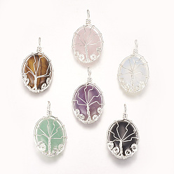 Mixed Stone Natural & Synthetic Mixed Stone Pendants, with Brass Findings, Oval with Tree, Silver Color Plated, 39~39.5x22~23x9~10mm, Hole: 4mm