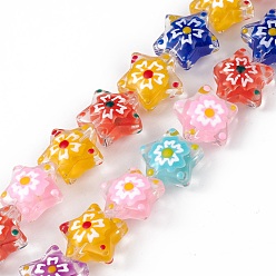 Mixed Color Handmade Lampwork Beads Strands, with Enamel, Star with Sakura Pattern, Mixed Color, 13x13.5x12mm, Hole: 1mm, about 33pcs/strand, 14.72 inch(37.4cm)