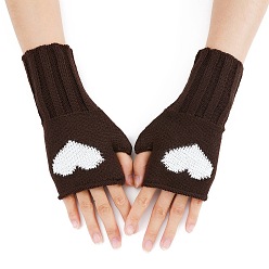 Coconut Brown Acrylic Fiber Yarn Knitting Fingerless Gloves, Two Tone Heart Pattern Winter Warm Gloves with Thumb Hole, Coconut Brown, 200x85mm