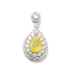Yellow Brass Micro Pave Clear Cubic Zirconia Pendants, with Faceted Glass, Teardrop, Real Platinum Plated, Yellow, 32.5mm, Hole: 3.5x2.5mm