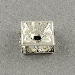 Silver Square Brass Rhinestone Spacer Beads, Silver Color Plated, 8x8x3.5mm, Hole: 1.5mm