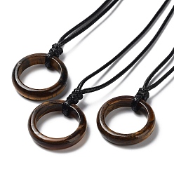 Tiger Eye Natural Tiger Eye Ring Pendant Necklace with Waxed Cords, 29.53~29.92 inch(75~76cm), Pendant: 26x6mm