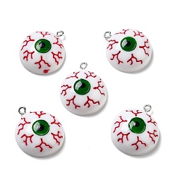 Green Halloween Opaque Resin Pendants, with Platinum Tone Iron Loops, Half Round with Bloodshot Eye, Green, 27x22.5x8.5mm, Hole: 2mm