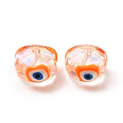 Orange Transparent Glass Beads, with Enamel, Faceted, Rondelle with Evil Eye Pattern, Orange, 10x7.5mm, Hole: 1.5mm