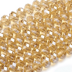 Verge D'or Chapelets de perles en verre, perle plaquée lustre, cristal suncatcher, facettes rondelle, verge d'or, 12x8mm, Trou: 1mm, Environ 68~70 pcs/chapelet, 22.83 pouces ~ 23.23 pouces (58~59 cm)