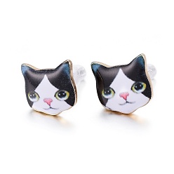 White Real 14K Gold Plated Alloy Kitten Stud Earrings, with Enamel and Environment Stainless Steel Pin, Printed, Cat Pattern, White, 10~10.5x10.5~11mm, pin: 0.7mm