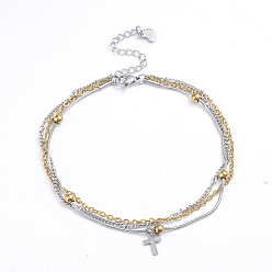 Golden & Stainless Steel Color 304 Stainless Steel 3-strand Chain Bracelets, Cross Charm Bracelets, with Lobster Claw Clasps, Golden & Stainless Steel Color, 8 inch(20.3cm)
