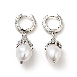 Platinum ABS Imitation Pearls Drop Dangle Hoop Earrings with Clear Cubic Zirconia, Rack Plating Brass Jewelry for Women, Platinum, 38.5mm, Pin: 0.8mm
