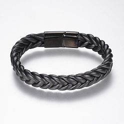 Gunmetal Braided Leather Cord Bracelets, with 304 Stainless Steel Findings and Magnetic Clasps, Gunmetal, 8-5/8 inch(220mm), 29x14x8mm