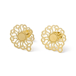 Golden 304 Stainless Steel Stud Earrings Finding, Hollow Flower, with Horizontal Loop, Golden, 16x14mm, Hole: 1.2mm, Pin: 0.85mm