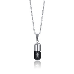 Stainless Steel Color Two Tone 316L Stainless Steel Pill with Cross Urn Ashes Pendant Necklace with Cable Chains, Memorial Jewelry for Men Women, Electrophoresis Black & Stainless Steel Color, 19.69 inch(50cm)