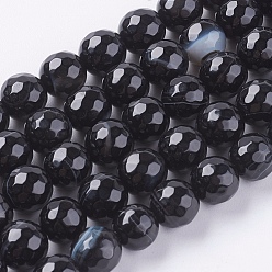 Black Natural Black Striped Agate/Banded Agate Beads Strands, Faceted, Dyed, Round, Black, 8mm, Hole: 1mm, about 48pcs/strand, 15 inch