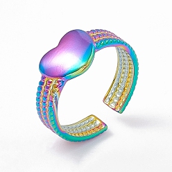 Rainbow Color Ion Plating(IP) 304 Stainless Steel Heart Open Cuff Ring for Women, Rainbow Color, Inner Diameter: 17mm