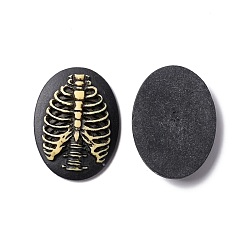 Skeleton Halloween Cameos Opaque Resin Cabochons, Oval, Black, Skeleton Pattern, 39.5x29.5x7mm
