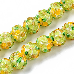 Green Yellow Handmade Lampwork Beads Strands, Bumpy, Round with Flower, Green Yellow, 12~13x11~12mm, Hole: 1mm, about 45pcs/strand, 19.29 inch(49cm)