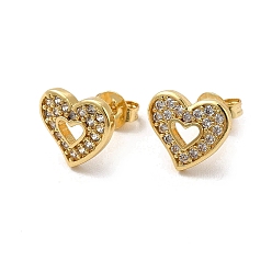Real 18K Gold Plated Clear Cubic Zirconia Hollow Out Heart Stud Earrings, Rack Plating Brass Jewelry for Women, Cadmium Free & Lead Free, Real 18K Gold Plated, 9x10mm, Pin: 0.7mm
