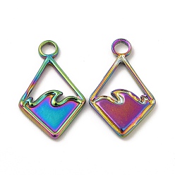 Rainbow Color Ion Plating(IP) 304 Stainless Steel Pendants, Rhombus with Ocean Charms, Rainbow Color, 21.5x13.5x1.5mm, Hole: 3mm