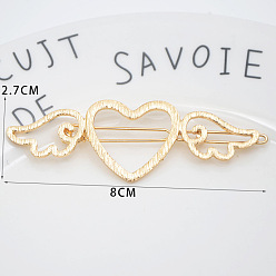 Golden Alloy Geometric Hair Barrettes, Frog Buckle Hairpin for Women, Girls, Heart with Wing, Golden, 80x27mm