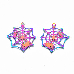Rainbow Color 201 Stainless Steel Pendants, Ion Plating(IP), Halloween Spider and Web, Rainbow Color, 37.5x33.5x0.3mm, Hole: 2mm