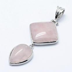 Quartz Rose Naturelle quartz rose gros pendentifs, avec les accessoires en laiton, platine, larme et losange, 53x25x7mm, Trou: 6x9.5mm