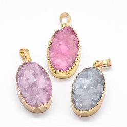 Mixed Color Electroplated Natural & Dyed Druzy Agate Pendants, with Golden Plated Brass Findings, Oval, Mixed Color, 33x18x9mm, Hole: 8x5mm