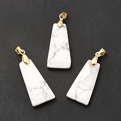 Howlite Natural Howlite Pendants, Faceted Trapezoid Charms, with Rack Plating Golden Tone Brass Findings, Cadmium Free & Lead Free, 25~26x12.5~13x3.5~4mm, Hole: 5x4mm