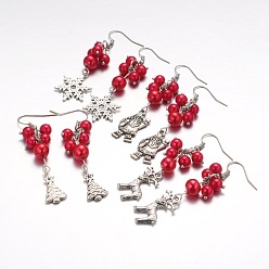 Red Mixed Christmas Theme Tibetan Style Alloy Dangle Earrings, with Glass Pearl Beads and Brass Earring Hooks, Red, 62~65mm, Pin: 0.6mm