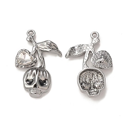 Clear Alloy Glass Pendants, Gunmetal, Skull with Leaf Charms, Clear, 29.5x15.5x4mm, Hole: 1.5mm