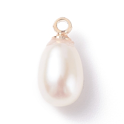 Blanc Charmes de perles naturelles, avec boucles en laiton doré clair, riz, blanc, 11~12.5x5~7mm, Trou: 1.5mm
