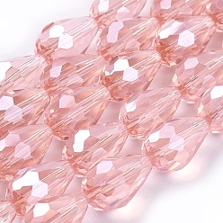 Light Salmon Electroplate Glass Beads Strands, Pearl Luster Plated, Faceted, teardrop, Light Salmon, 6x4mm, Hole: 1mm, about 72pcs/strand, 15 inch