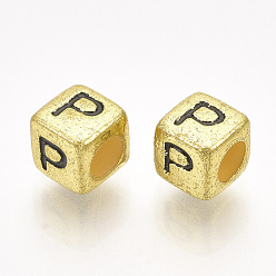 Letter P Acrylic Beads, Horizontal Hole, Metallic Plated, Cube with Letter.P, 6x6x6mm, 2600pcs/500g