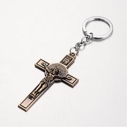 Antique Bronze Crucifix Cross Alloy Keychain, with Iron Chain and Rings, For Easter, Antique Bronze, 128mm