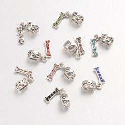 Mixed Color Bone Large Hole Alloy Glass Rhinestone European Dangle Charms, Antique Silver, Mixed Color, 20 mm, Hole: 4.5mm
