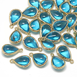 Deep Sky Blue Glass Pendants, with Golden Tone Brass Findings, teardrop, Deep Sky Blue, 18.5x12.5x7mm, Hole: 1.5mm