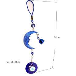 Bleu Décorations de pendentif de lune en alliage émaillé, Lampwork plat rond avec mauvais œil et décoration suspendue de voiture cloche, bleu, 340mm