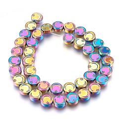 Multi-color Plated Electroplate Non-magnetic Synthetic Hematite Bead Strands, Flat Round with Moon & Star, Multi-color Plated, 9.5~10x4mm, Hole: 1mm, about 40~41pcs/strand, 15.3 inch~15.7 inch(39~40cm)