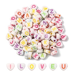 Couleur Mélangete Perles opaques cardiaques acryliques, perles de lettre à trou horizontal, couleur mixte, 7x7.5x4mm, Trou: 2mm