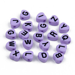 Lilac Opaque Acrylic Enamel Beads, Horizontal Hole, Heart with Mixed Black Letters, Lilac, 7x7x4mm, Hole: 1.5mm, about 3600pcs/500g