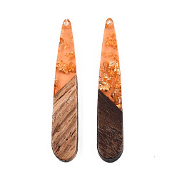Light Salmon Transparent Resin & Walnut Wood Pendants, with Gold Foil, Teardrop, Light Salmon, 44x7.5x3mm, Hole: 1.5mm