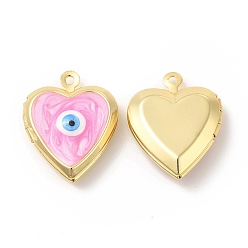 Pearl Pink Brass Enamel Locket Pendants, Real 18K Gold Plated, Long-Lasting Plated, Heart with Evil Eye, Pearl Pink, 21x17x5mm, Hole: 1.4mm, Inner Diameter: 9.5x10mm