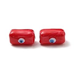 Roja Perlas de vidrio opacos, con esmalte, rectángulo con patrón de mal de ojo, rojo, 13x9.5x7 mm, agujero: 1.6 mm