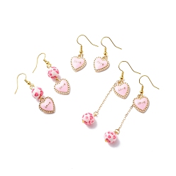 Word 3 Pairs 3 Style Pink Alloy Enamel Charms & Resin Beads Dangle Earrings, Valentine Theme Brass Jewelry for Women, Golden, Word, 31~66mm, Pin: 0.5mm