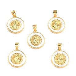 White Brass Enamel Pendants, Cadmium Free & Lead Free, Long-Lasting Plated, Flat Round with Virgin Mary, Real 18K Gold Plated, White, 18x16x2.5mm, Hole: 4.5x3.5mm